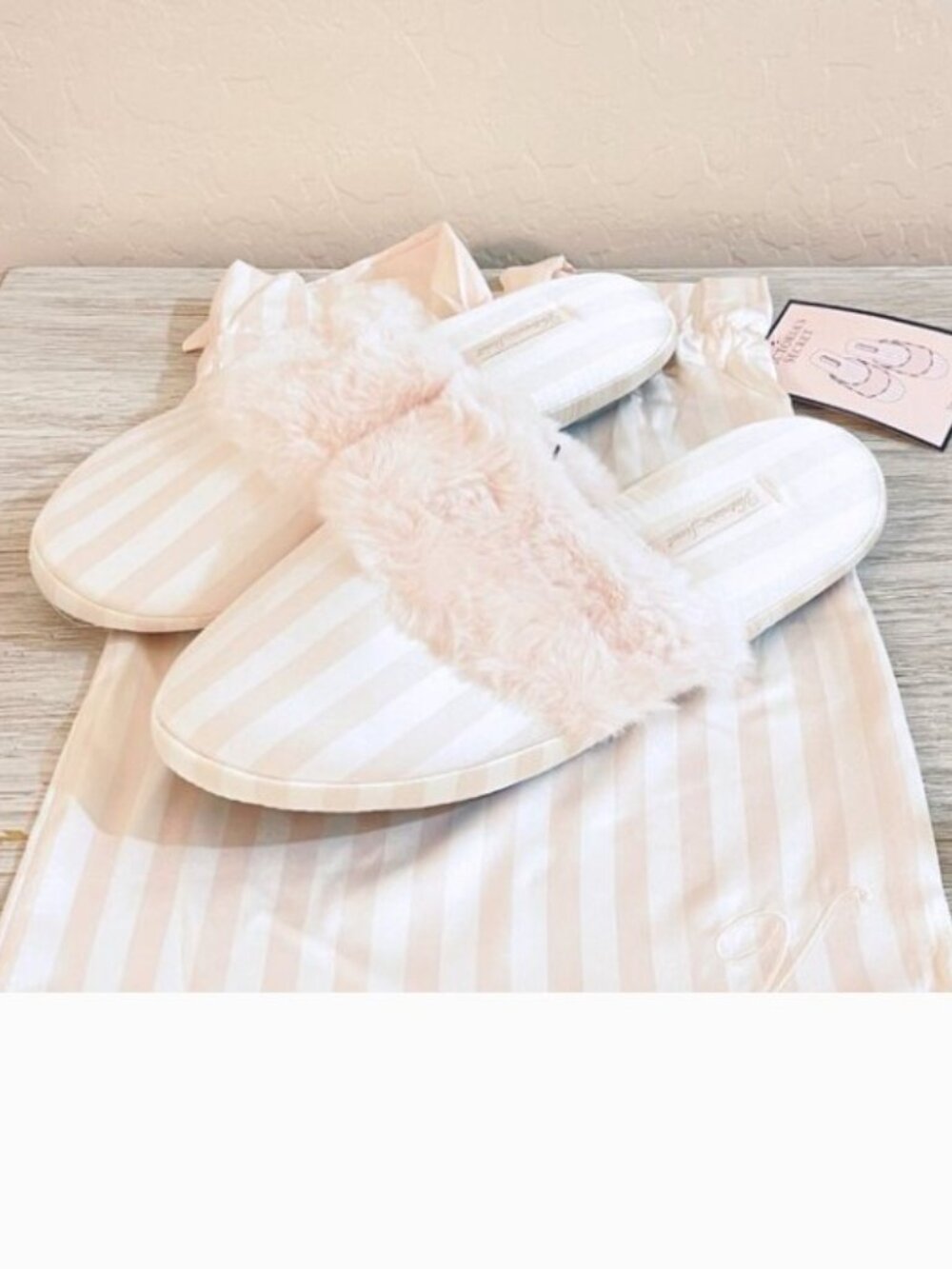 New Victoria's Secret Slippers Pink White Stripe Satin Faux Fur Small 5 6